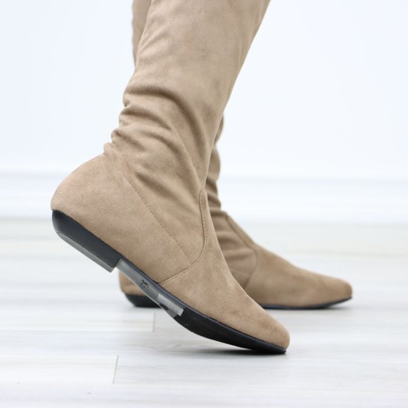 Taupe Thigh High Over The Knee Flat Boots Faux Suede - Picture 6 of 15